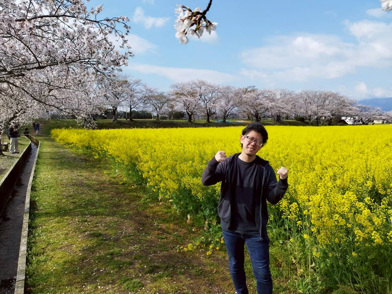 桜と菜の花の中で外出している様子